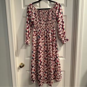 Red and white floral shirred midi dress